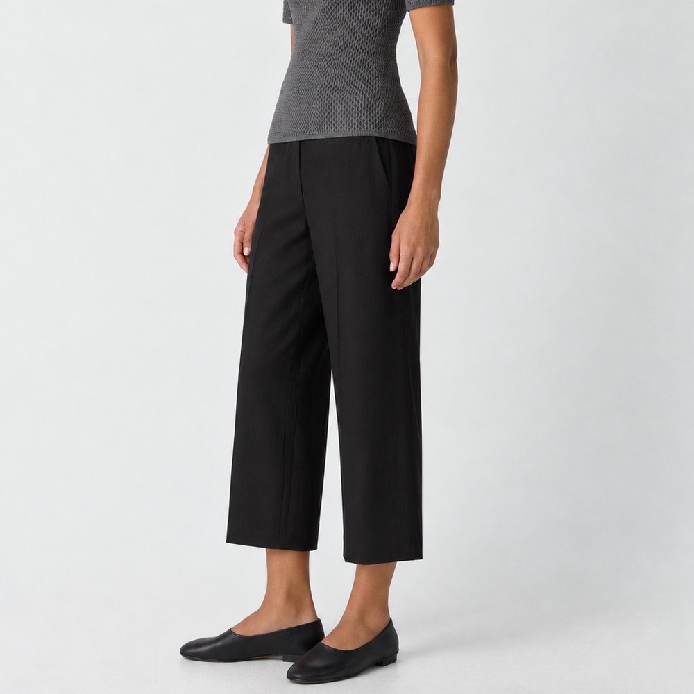 THEORY Black Organic Crunch Wash Fluid Pant SL Linen Blend Cropped Wide Leg